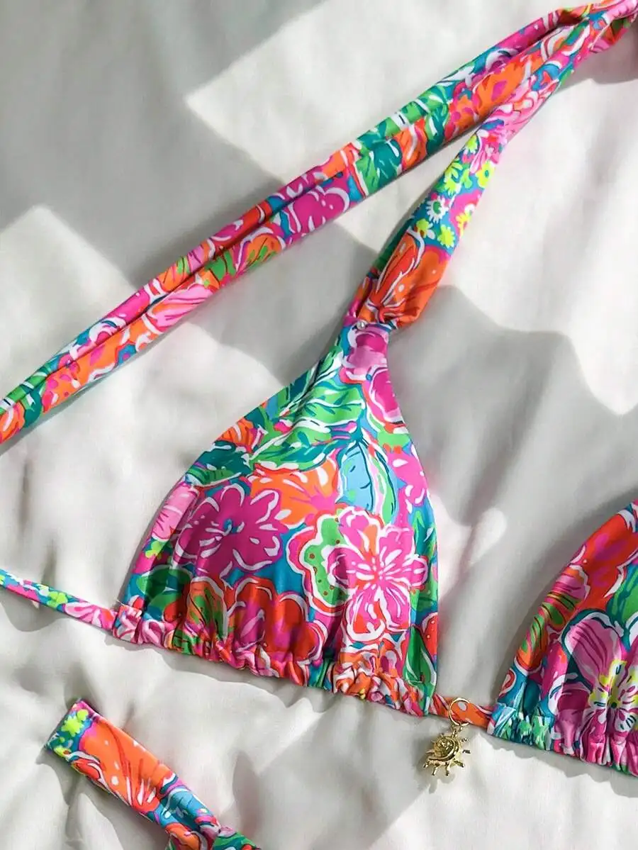 Colorful Floral Print Halter Triangle Bikini Set Women Summer Beach Swimwear
Colorful Floral Print Halter Triangle Bikini Set Women Summer Beach Swimwear