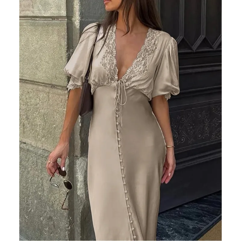 Summer Loose Khaki Satin Women's Dress Sexy V-Neck Short Sleeve Ankle Length Dress Elegant Classic Lace-Up Party Dresses
Summer Loose Khaki Satin Women's Dress Sexy V-Neck Short Sleeve Ankle Length Dress Elegant Classic Lace-Up Party Dresses