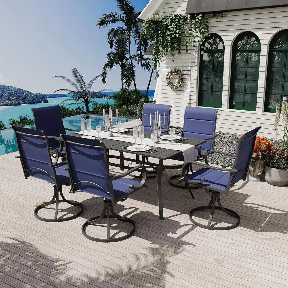 7-Piece Outdoor Dining Set: 6 Swivel Rocker Chairs, High-Back Textilene, Metal Table with Umbrella Hole, Ideal for Patio, Garden
7-Piece Outdoor Dining Set: 6 Swivel Rocker Chairs, High-Back Textilene, Metal Table with Umbrella Hole, Ideal for Patio, Garden