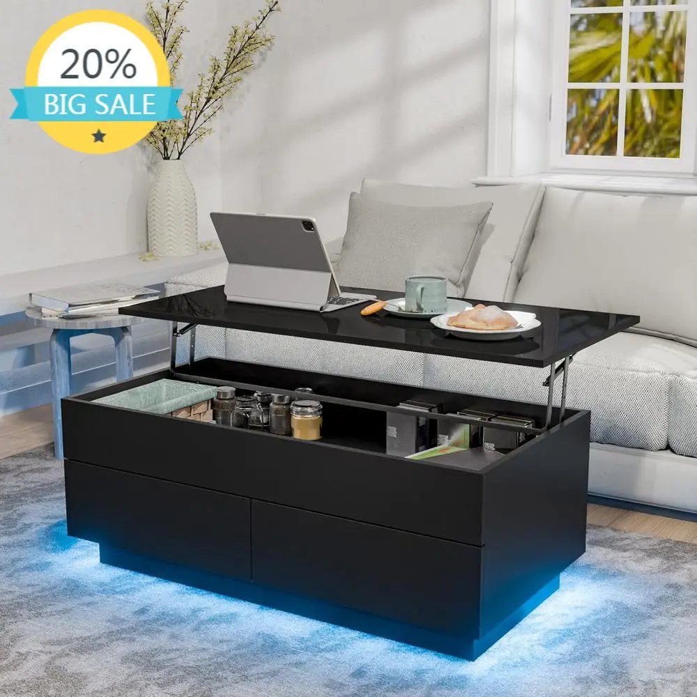 40 LED Illuminated Coffee Table with Storage, Black Gloss Finish, Center Table featuring 2 Drawers and Hidden Compartment
40 LED Illuminated Coffee Table with Storage, Black Gloss Finish, Center Table featuring 2 Drawers and Hidden Compartment