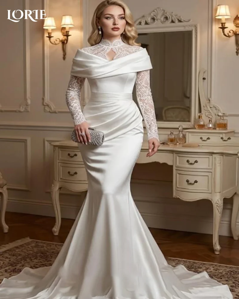 LORIE Lace Church Wedding Dress Appliques High Collar Long Sleeve Pleats Mermaid Bride Gown Customized Corset Bride Party Dress
LORIE Lace Church Wedding Dress Appliques High Collar Long Sleeve Pleats Mermaid Bride Gown Customized Corset Bride Party Dress
