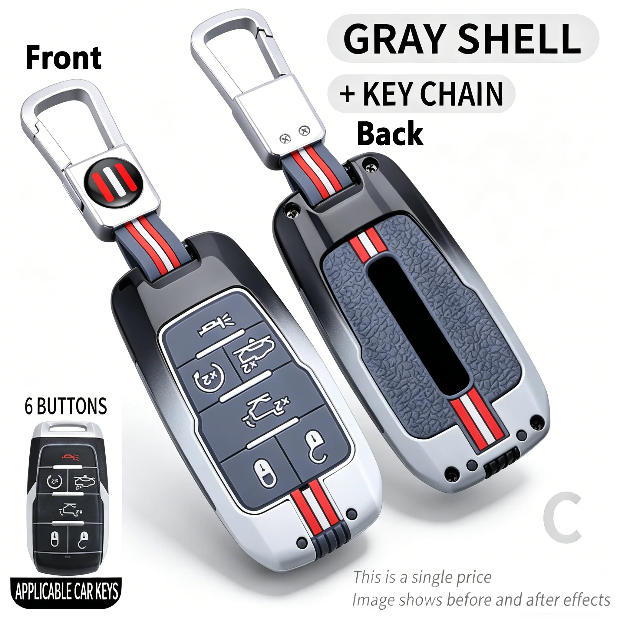 Gray Metal Key Fob Cover for Dodge Journey 6-Button Smart Key Protector with Keychain