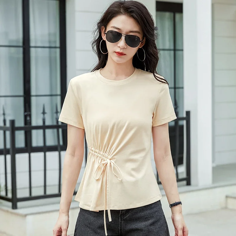 Summer New Short Sleeve T-shirt Side Drawstring Round Neck Cotton Comfortable Fashion Slim Fit Women's Top
Summer New Short Sleeve T-shirt Side Drawstring Round Neck Cotton Comfortable Fashion Slim Fit Women's Top