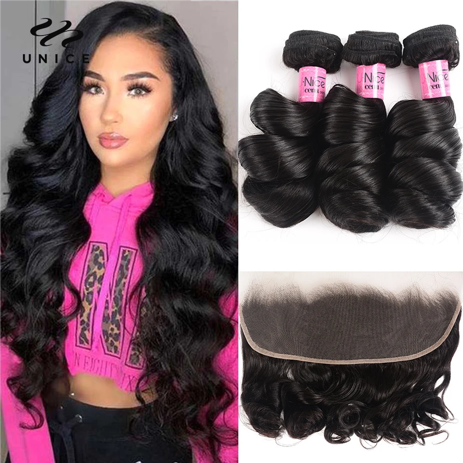 UNice Hair Loose Wave Bundles With 13x4 Lace Frontal 100% Human Hair Bundles 3/4PCS With Free Part Frontal Make 250% Density Wig
UNice Hair Loose Wave Bundles With 13x4 Lace Frontal 100% Human Hair Bundles 3/4PCS With Free Part Frontal Make 250% Density Wig