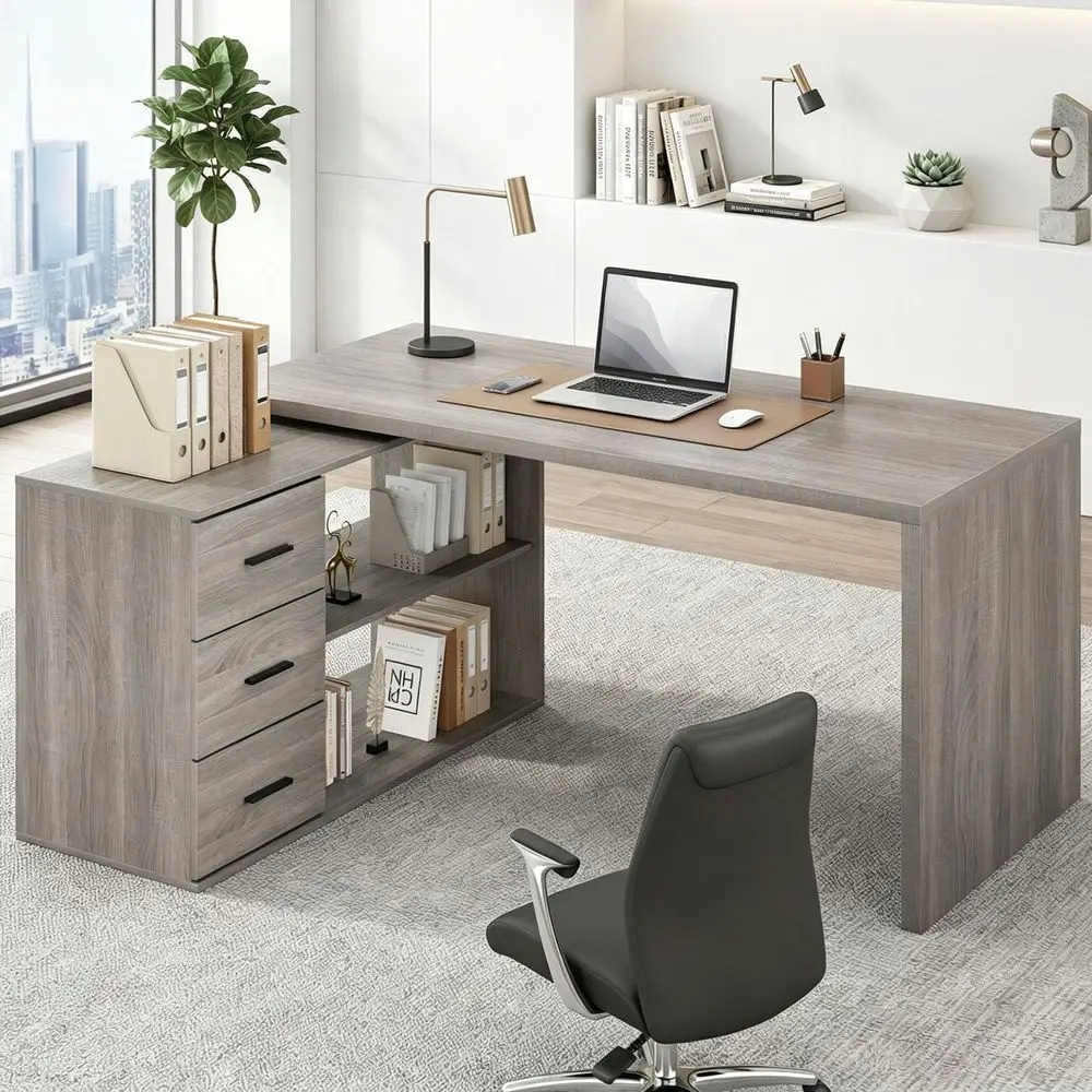 Gray Large L-Shaped Desk with Storage, Reversible Wood, Executive Study & Bedroom Table, 60 Inch
Gray Large L-Shaped Desk with Storage, Reversible Wood, Executive Study & Bedroom Table, 60 Inch