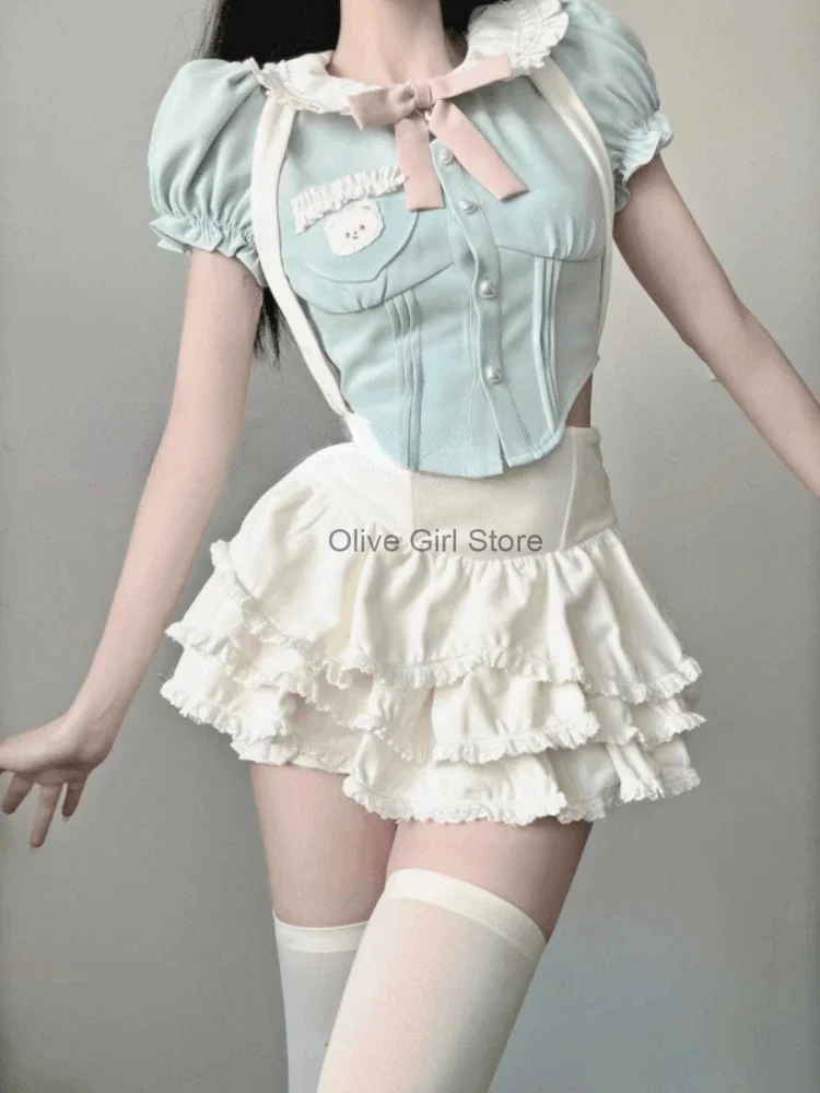 Women Kawaii Party Mini Skirt Set Summer Bow Sweet Two Piece Set Female Korean Fashion Designer Top+Princess Skirt Suit 204
Women Kawaii Party Mini Skirt Set Summer Bow Sweet Two Piece Set Female Korean Fashion Designer Top+Princess Skirt Suit 204