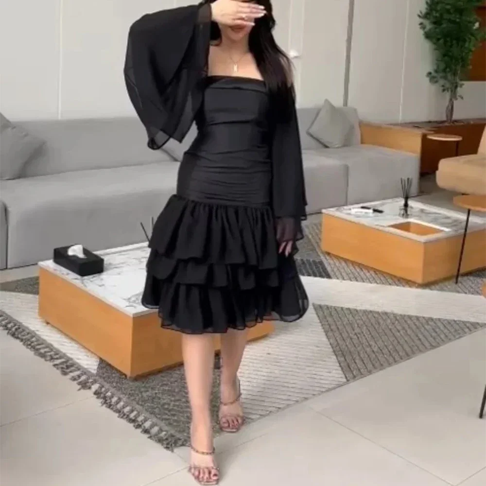 Flechazo Black Homecoming Dresses Strapless with Off the Shoulder Flare Long Sleeves Tiered Sheath Knee-Length Women Party Gowns
Flechazo Black Homecoming Dresses Strapless with Off the Shoulder Flare Long Sleeves Tiered Sheath Knee-Length Women Party Gowns