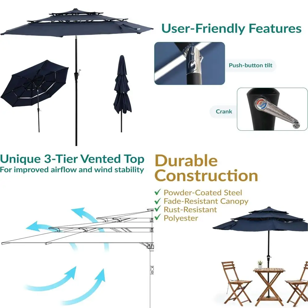 navy blue 10 feet outdoor patio umbrella with tilt and crank, 3-tier vented for maximum sun protection
navy blue 10 feet outdoor patio umbrella with tilt and crank, 3-tier vented for maximum sun protection