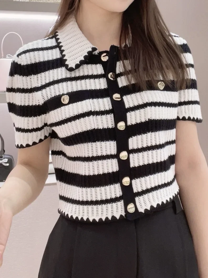 Openwork Knit Cardigan for Women Striped Single-Breasted 2025 Spring Summer Lapel Slim Sweater
Openwork Knit Cardigan for Women Striped Single-Breasted 2025 Spring Summer Lapel Slim Sweater
