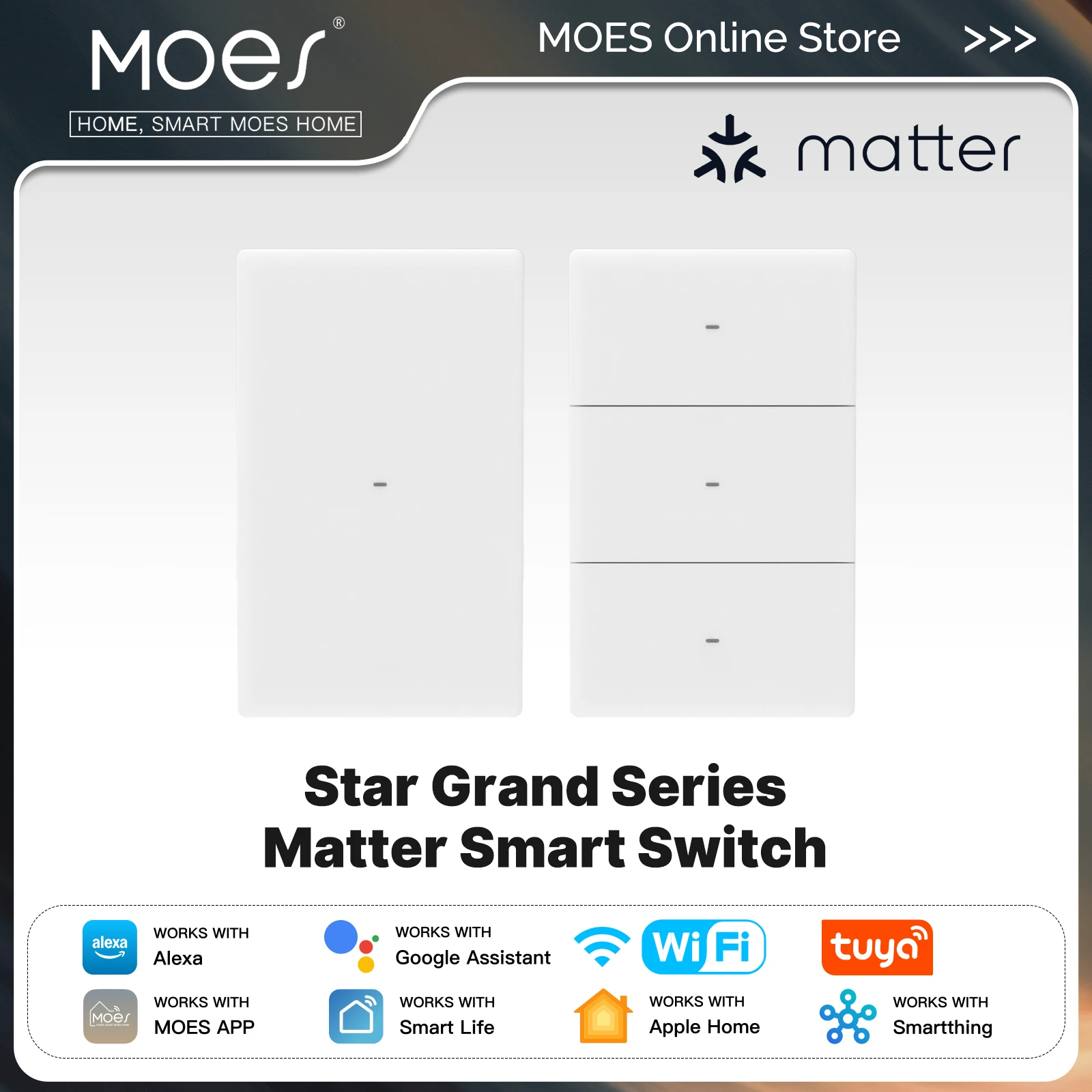 MOES Tuya Star Grand Series Matter WiFi Smart Light Switch 10A Neutral Required Work with Alexa Google Apple Homekit Smartthings
MOES Tuya Star Grand Series Matter WiFi Smart Light Switch 10A Neutral Required Work with Alexa Google Apple Homekit Smartthings