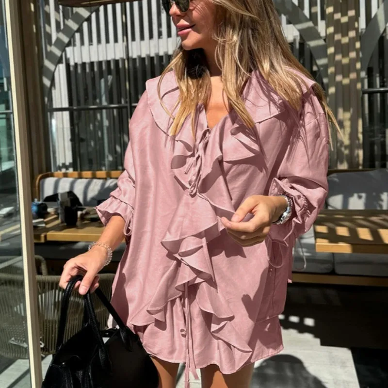 Ruffle V-Neck Two Piece Flared Sleeve Solid Color Tie Loose Commuter High Street Fashion Casual Female Pants Set
Ruffle V-Neck Two Piece Flared Sleeve Solid Color Tie Loose Commuter High Street Fashion Casual Female Pants Set