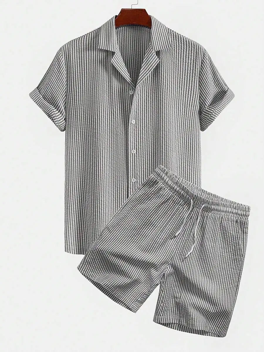 Mens Gray Vertical Striped Short Sleeve Button-Up Shirt And Elastic Waist Drawstring Shorts Two Piece Set
Mens Gray Vertical Striped Short Sleeve Button-Up Shirt And Elastic Waist Drawstring Shorts Two Piece Set