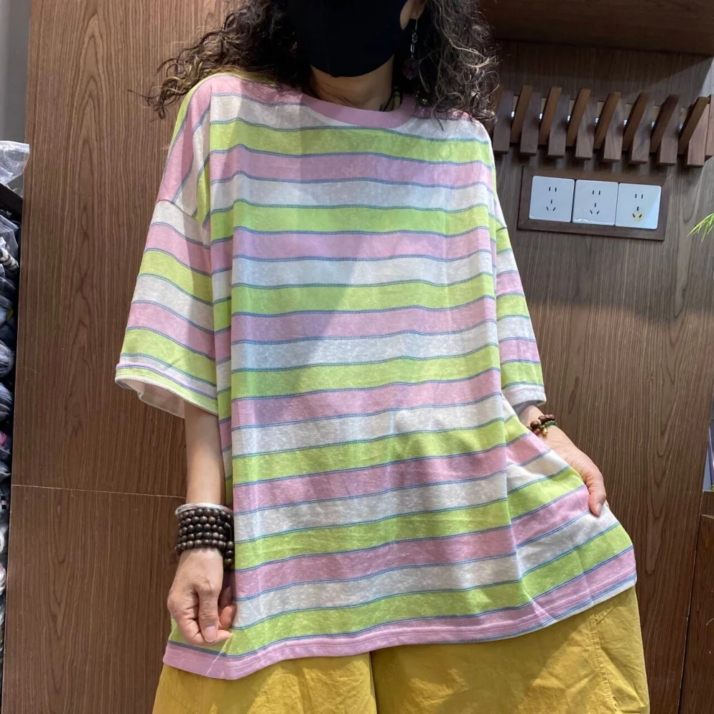 2026 Summer Rainbow Striped Short Sleeve T-Shirt Plus Size Women Casual Loose Design Lightweight Top XY36
2026 Summer Rainbow Striped Short Sleeve T-Shirt Plus Size Women Casual Loose Design Lightweight Top XY36