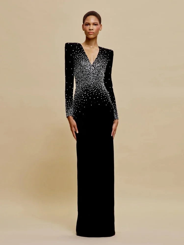 Sexy V Neck Pearl Diamonds Embellished Long Dress Women Black Long Sleeve Luxury Rhinestone Beaded Bodycon Dresses Evening Party
Sexy V Neck Pearl Diamonds Embellished Long Dress Women Black Long Sleeve Luxury Rhinestone Beaded Bodycon Dresses Evening Party
