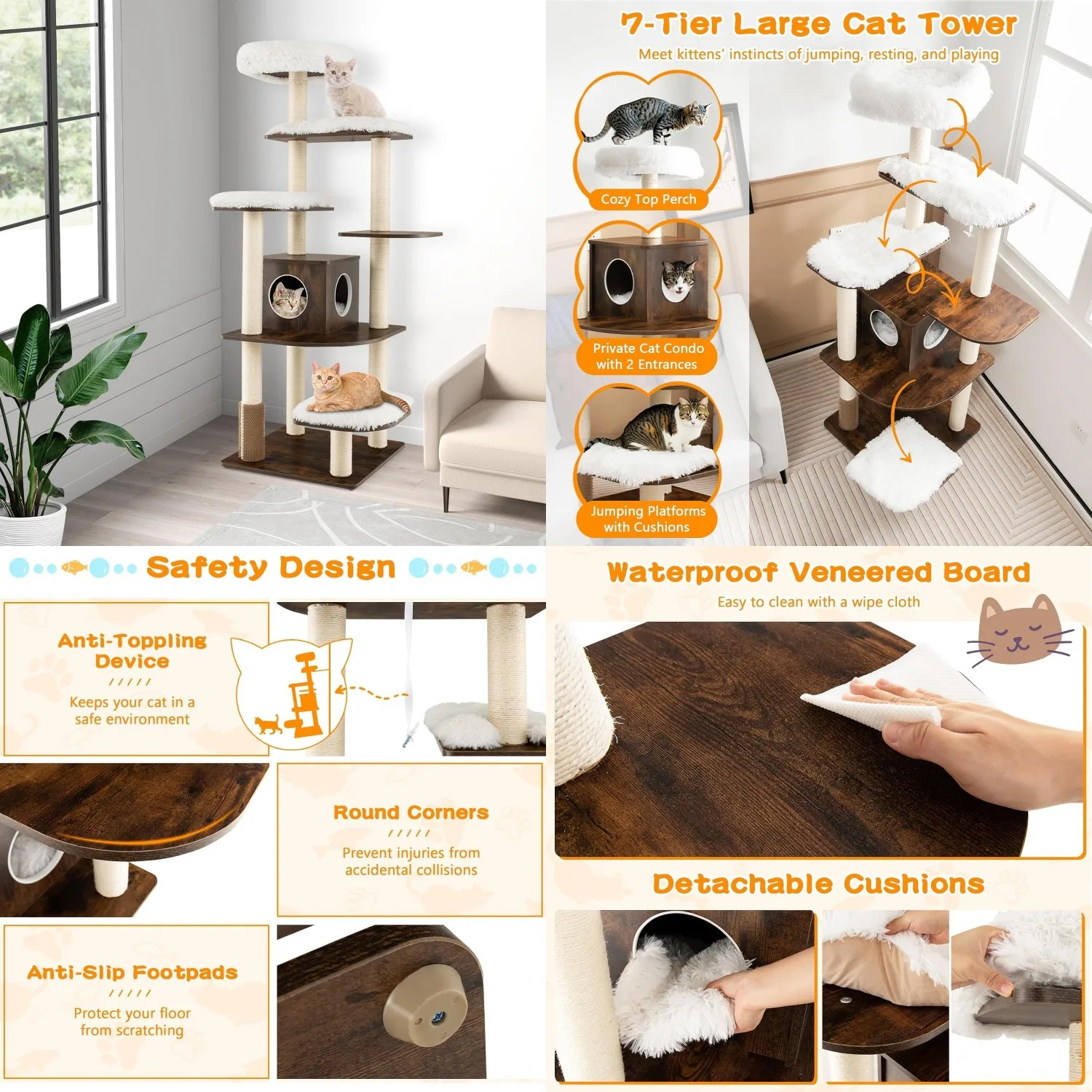 71-inch Cat Tree, 7-Layer Cat Tower with Scratching Posts, Self Groomer, Top Perch & Private Condo, Retro Cat, Customized
71-inch Cat Tree, 7-Layer Cat Tower with Scratching Posts, Self Groomer, Top Perch & Private Condo, Retro Cat, Customized