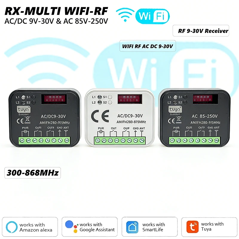 Tuya WiFi RX-MULTI Universal Switch Garage Door Gate Remote Control Receiver AC/DC 9-30V AC 85-250V 300-868MHz Rolling Code
Tuya WiFi RX-MULTI Universal Switch Garage Door Gate Remote Control Receiver AC/DC 9-30V AC 85-250V 300-868MHz Rolling Code