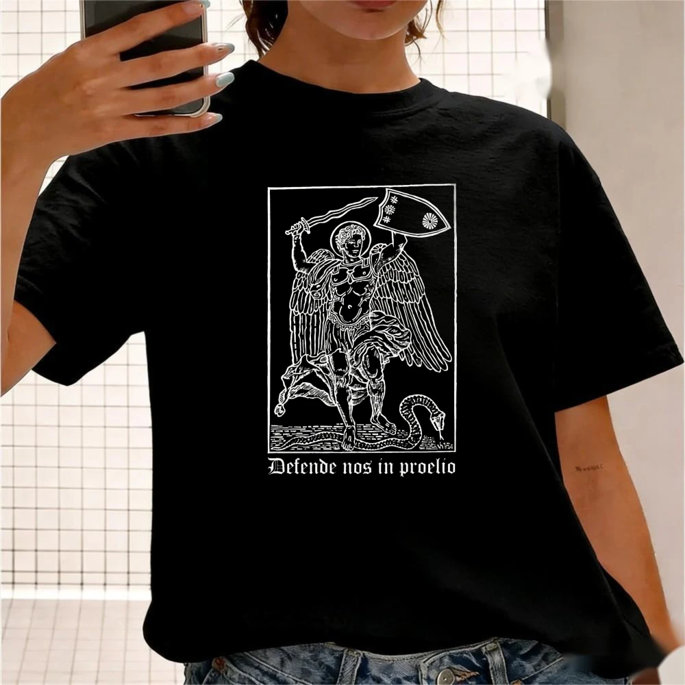 Defende Nos in Proelio St Michael Archangel Graphic Shirt Tarot Card Style Latin Prayer Christian Faith Tee Religious Men Women
Defende Nos in Proelio St Michael Archangel Graphic Shirt Tarot Card Style Latin Prayer Christian Faith Tee Religious Men Women