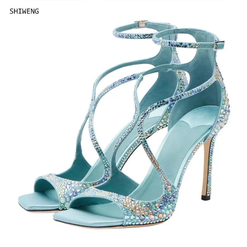 Women Tiffany Blue Satin Ombre Multicolor Rhinestone Crisscross Cutout Square Open Toe Ankle Strap Stiletto Heel Sandals,
Women Tiffany Blue Satin Ombre Multicolor Rhinestone Crisscross Cutout Square Open Toe Ankle Strap Stiletto Heel Sandals,
