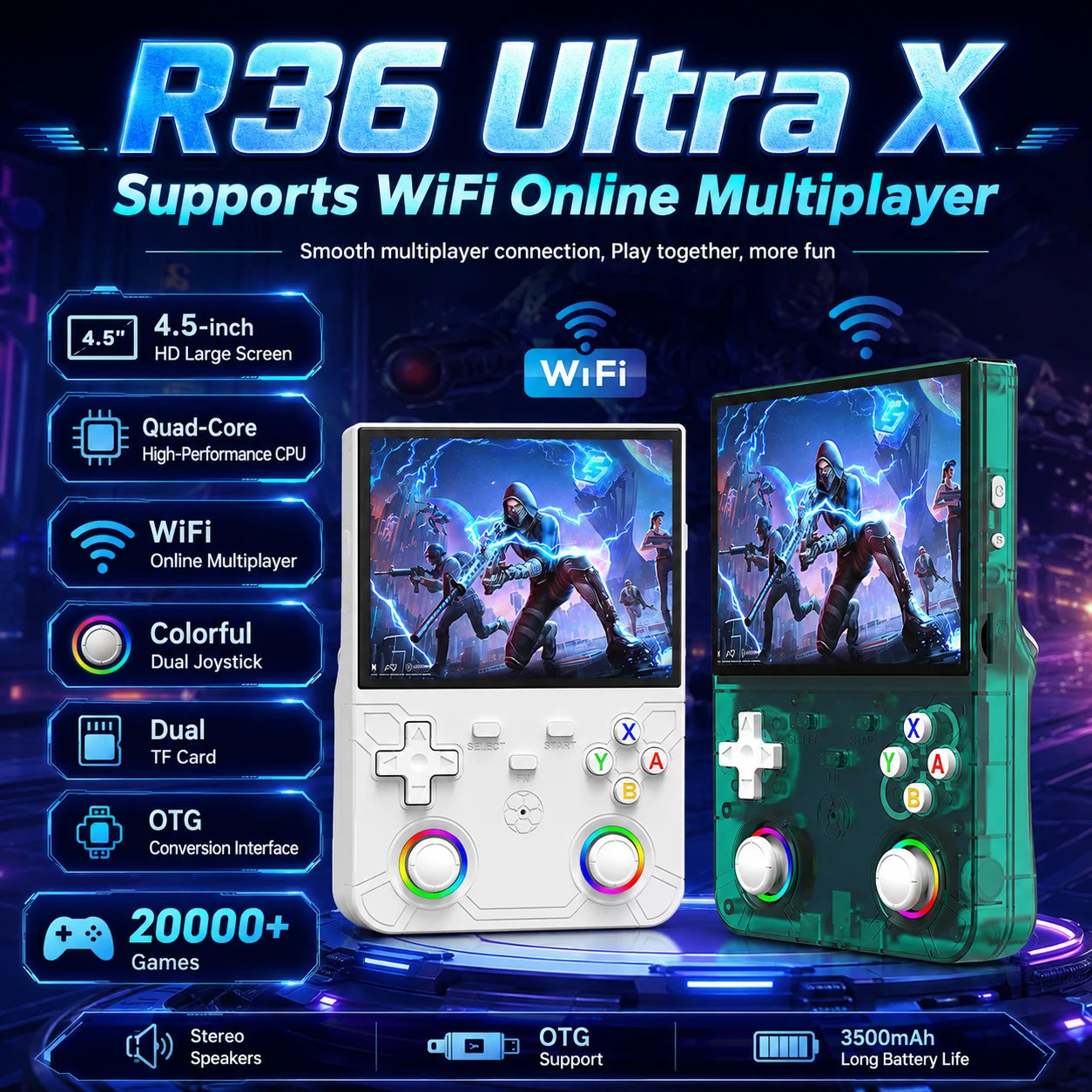 Portable Retro Game Console R36 Ultra X 4.5 Inch IPS Screen Built-in 3500mAh Battery 5 Hours Playtime Linux Emulator Console