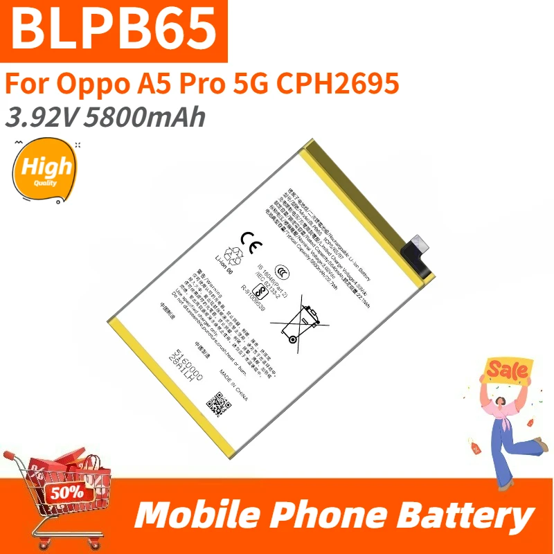 High Quality BLPB65 Phone Battery 3.92V 5800mAh For Oppo A5 Pro 5G CPH2695 Brand New Replacement Battery
High Quality BLPB65 Phone Battery 3.92V 5800mAh For Oppo A5 Pro 5G CPH2695 Brand New Replacement Battery