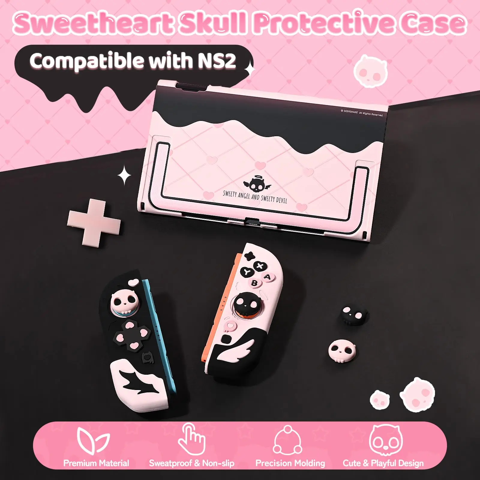 Geekshare Protective Case for Switch 2 (2025) , NS2 PC Back Plate Silicone Joycon Covers with 2 Thumb Grips , Sweetheart Skull
Geekshare Protective Case for Switch 2 (2025) , NS2 PC Back Plate Silicone Joycon Covers with 2 Thumb Grips , Sweetheart Skull