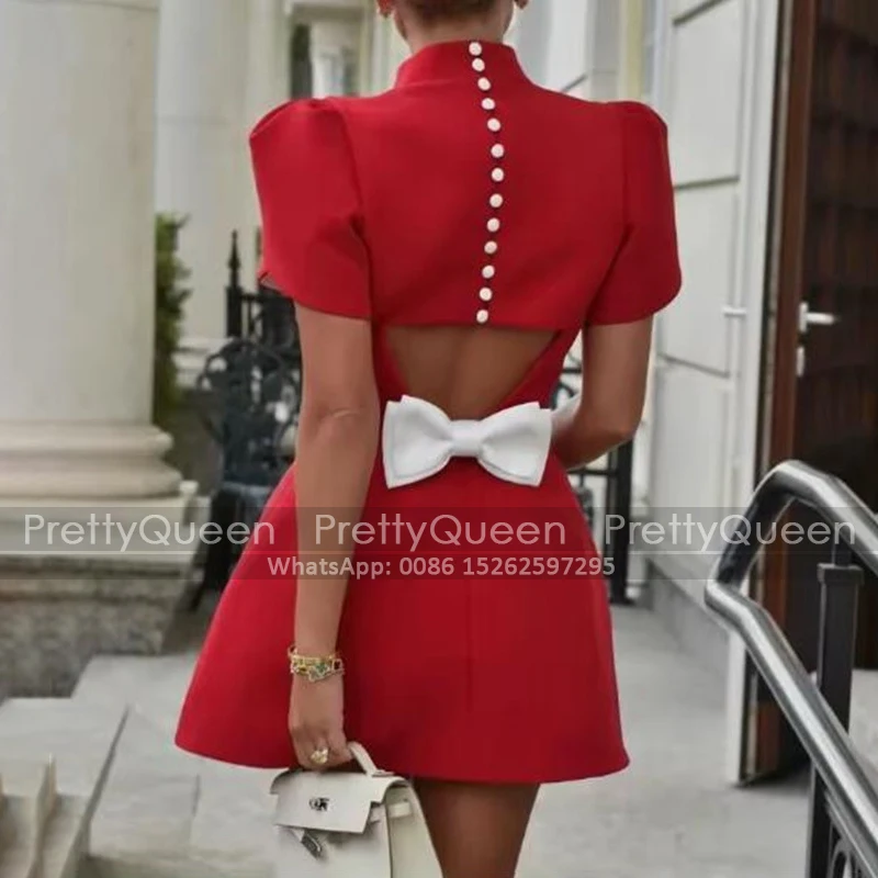 Customized Short A Line Bridesmaid Dresses With Short Sleeves High Neck Bow Buttons Open Back Mini Wedding Party Dress
Customized Short A Line Bridesmaid Dresses With Short Sleeves High Neck Bow Buttons Open Back Mini Wedding Party Dress