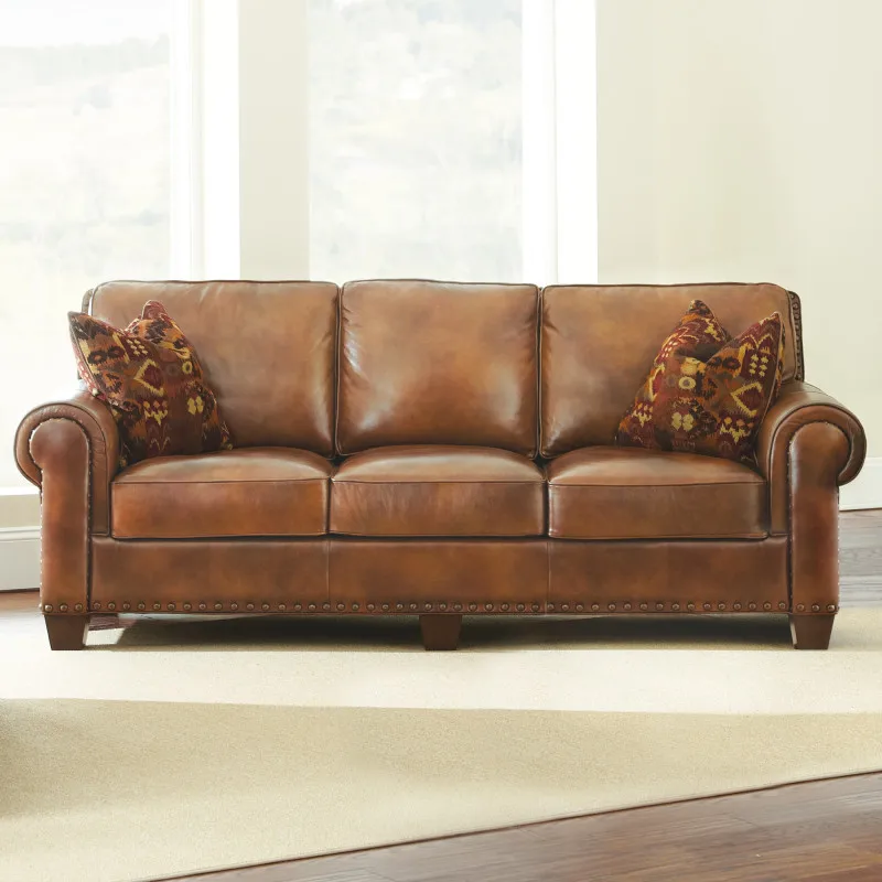 Rustic Styled Leather Sofa - Premium Construction, Top-Grain Leather - Eight-Way Hand-Tied Springs, Nail-Head Trim, Contrasting
Rustic Styled Leather Sofa - Premium Construction, Top-Grain Leather - Eight-Way Hand-Tied Springs, Nail-Head Trim, Contrasting