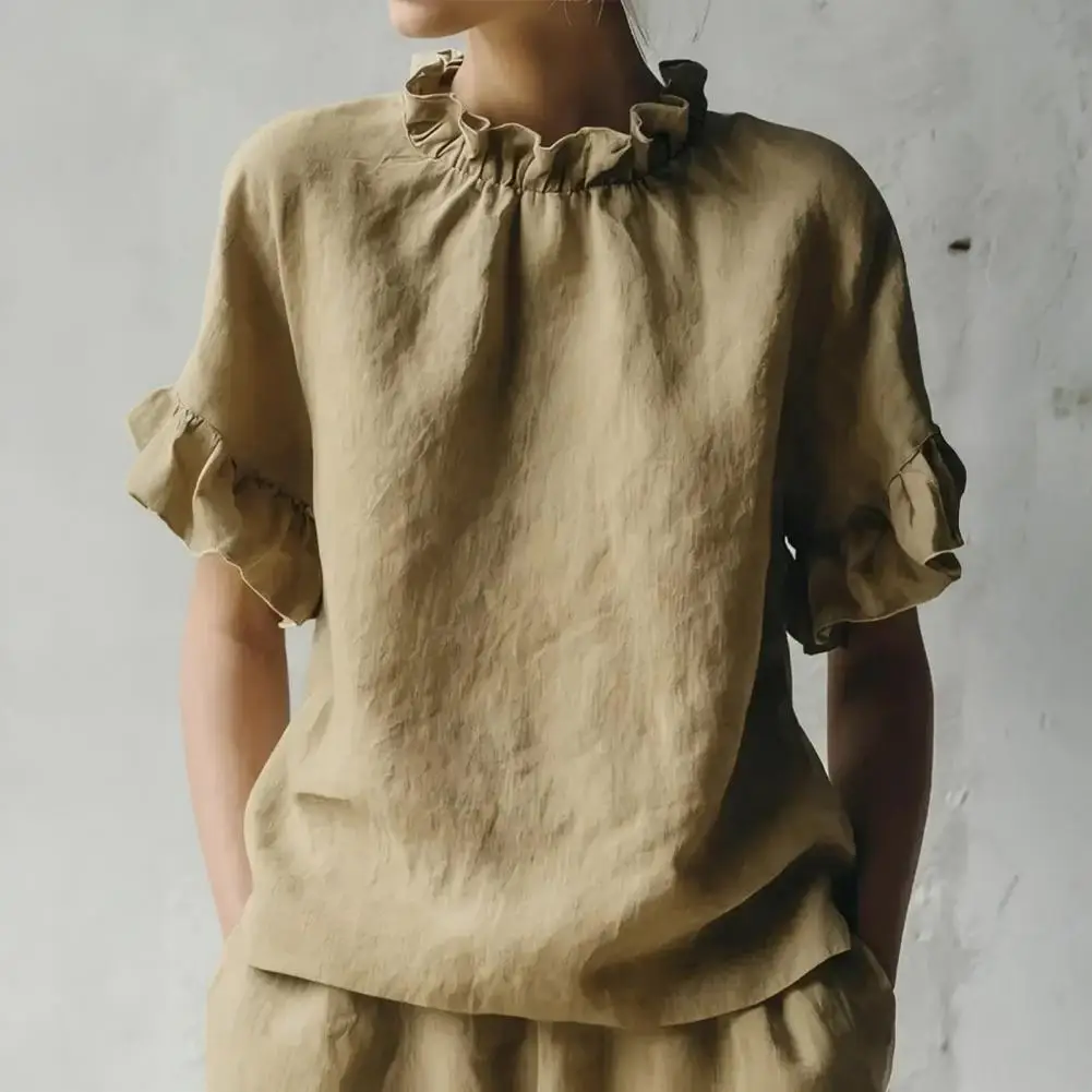 Women Blouse Tops Solid Color Loose Summer Blouse O-Neck Short Sleeve Ruffle Splicing Design Pullover Tops Blouse Daily Wear
Women Blouse Tops Solid Color Loose Summer Blouse O-Neck Short Sleeve Ruffle Splicing Design Pullover Tops Blouse Daily Wear