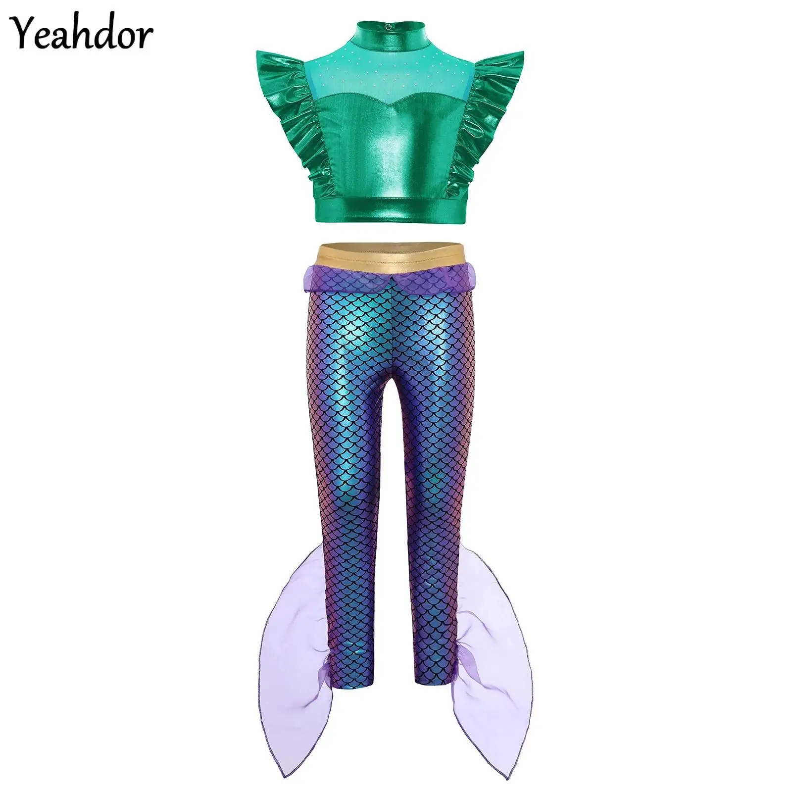Girls 2 Pieces Mermaid Cosplay Costume Rhinestone Sleeveless Ruffle Metallic Tank Crop Tops +Fish Scales Pants Cosplay Beachwear
Girls 2 Pieces Mermaid Cosplay Costume Rhinestone Sleeveless Ruffle Metallic Tank Crop Tops +Fish Scales Pants Cosplay Beachwear