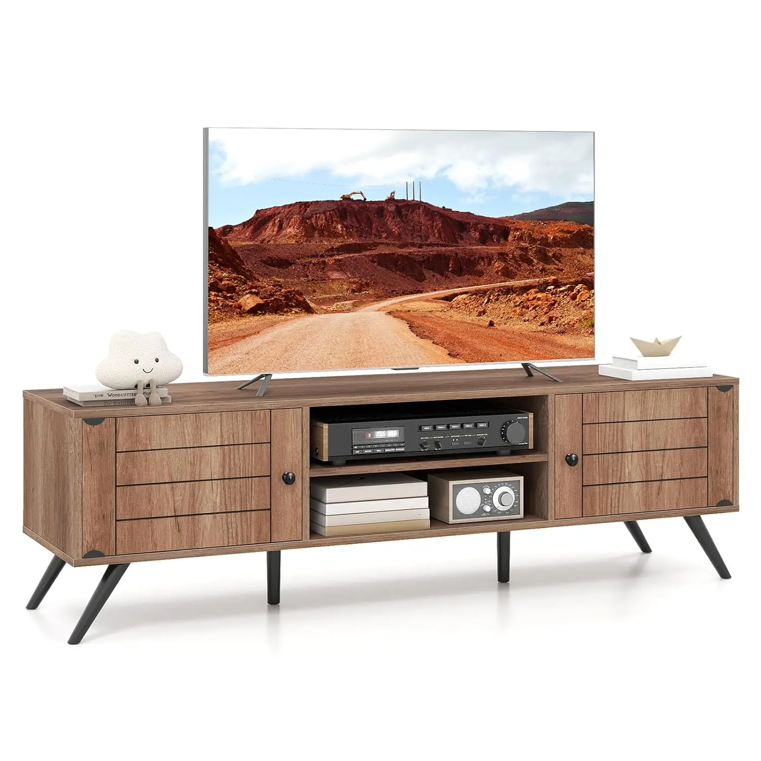 2-Door TV Stand for TVs up to 65”, Mid Century Modern Entertainment Center with 2 Storage Cabinets & Open Shelves,Customized
2-Door TV Stand for TVs up to 65”, Mid Century Modern Entertainment Center with 2 Storage Cabinets & Open Shelves,Customized