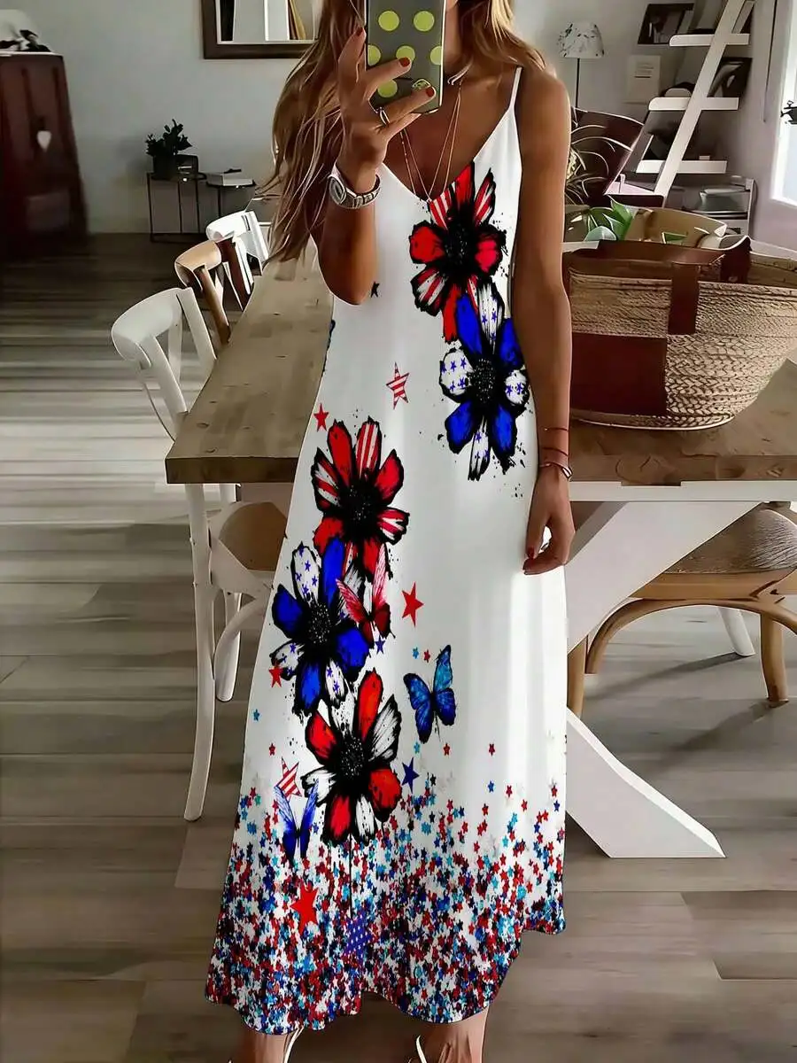 Sleeveless Floral Maxi Dress With Stars And Butterflies Patriotic Print Summer Casual Wear
Sleeveless Floral Maxi Dress With Stars And Butterflies Patriotic Print Summer Casual Wear
