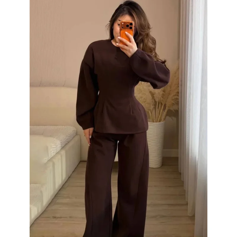 Elegant Waist Cinched Top Pants Sets 2 Pieces Women O-Neck Full Sleeve Pleat Tops Wide Leg Pant 2026 Spring Lady Casual Outfit
Elegant Waist Cinched Top Pants Sets 2 Pieces Women O-Neck Full Sleeve Pleat Tops Wide Leg Pant 2026 Spring Lady Casual Outfit
