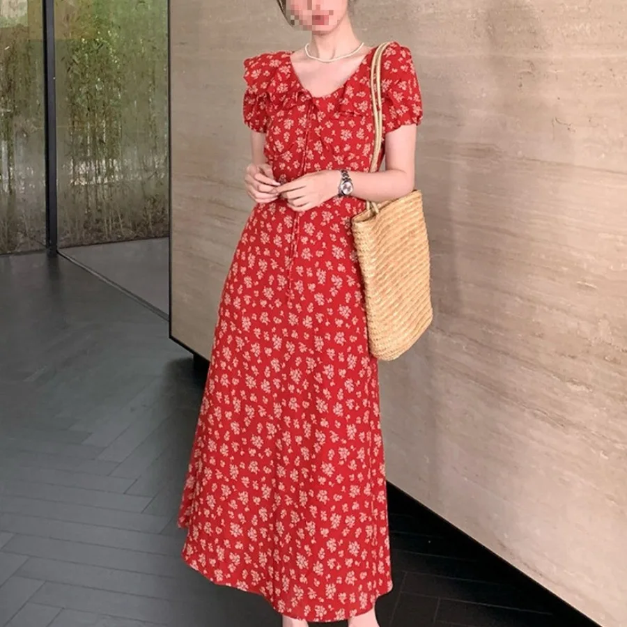 【New style】Red floral dress for women's summer French temperament V-neck travel vacation seaside bubble sleeves slimming tea br
【New style】Red floral dress for women's summer French temperament V-neck travel vacation seaside bubble sleeves slimming tea br