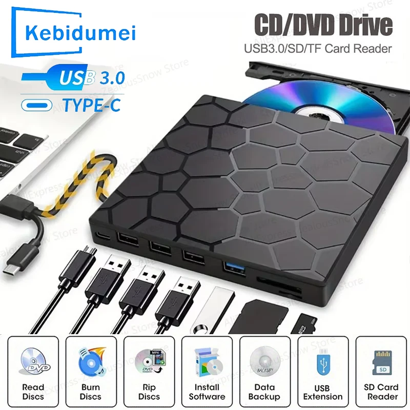 KEBIDUMEI Portable DVD Player 8 in 1 External CD/DVD RW Drive USB 3.0 Type C CD Burner External Disk Drive for Desktop Laptop
KEBIDUMEI Portable DVD Player 8 in 1 External CD/DVD RW Drive USB 3.0 Type C CD Burner External Disk Drive for Desktop Laptop
