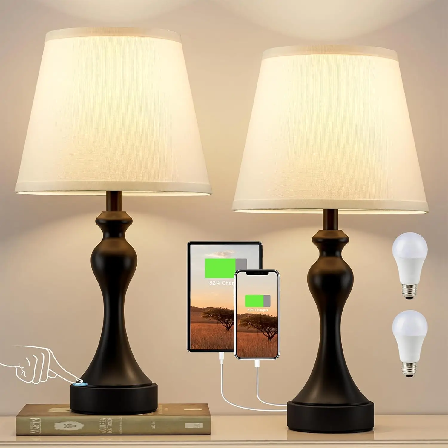 Touch Lamps for Nightstand Set of 2, 3 Way Dimmable Bedside Lamps with USB C+A Charging for Bedroom & End Tables
Touch Lamps for Nightstand Set of 2, 3 Way Dimmable Bedside Lamps with USB C+A Charging for Bedroom & End Tables