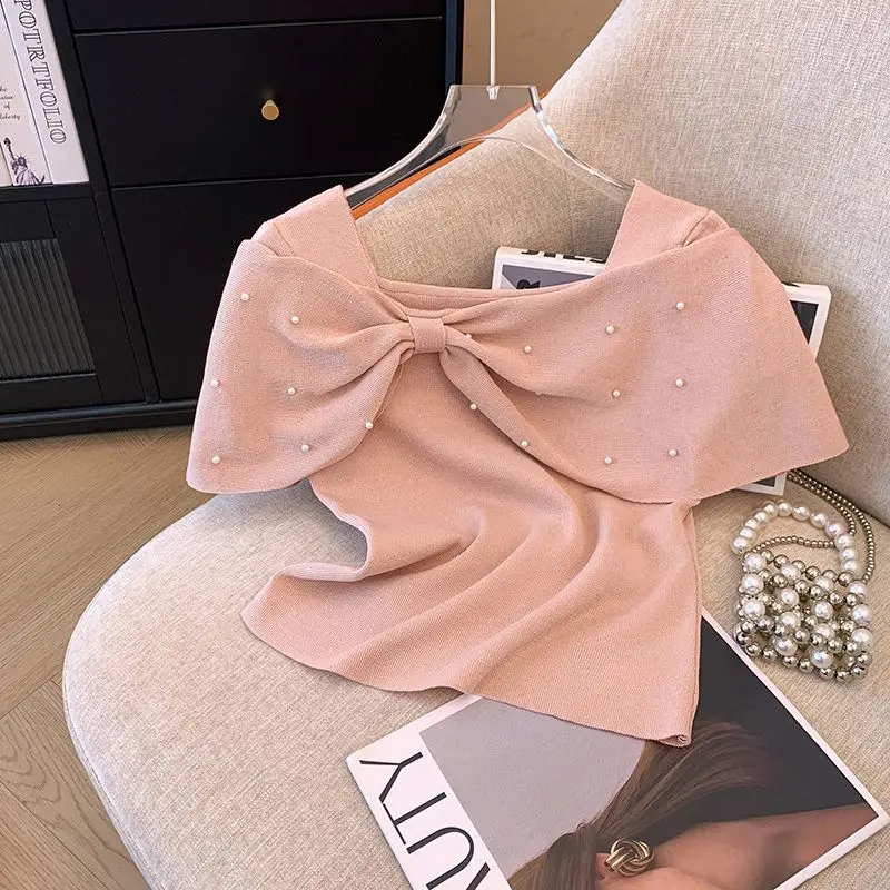 Summer Chic Pearl Butterfly Collar Short Sleeve Tops Women Knitwear Slim Elegant Solid Thin Pullovers
Summer Chic Pearl Butterfly Collar Short Sleeve Tops Women Knitwear Slim Elegant Solid Thin Pullovers