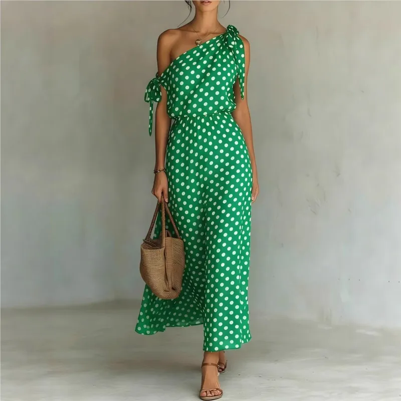 Summer New Dots Print Women Midi Dresses Fashion Incline Shoulder Bandage Ruffle Splited Vestidos Female Vacation Clothes Robe
Summer New Dots Print Women Midi Dresses Fashion Incline Shoulder Bandage Ruffle Splited Vestidos Female Vacation Clothes Robe