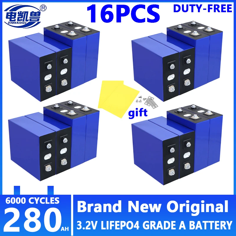 16pcs 280AH Lifepo4 Battery 3.2V 320AH 310AH Grade A DIY 48V Lithium iron phosphate Cell Rechargeable golf cart batterie For RV
16pcs 280AH Lifepo4 Battery 3.2V 320AH 310AH Grade A DIY 48V Lithium iron phosphate Cell Rechargeable golf cart batterie For RV