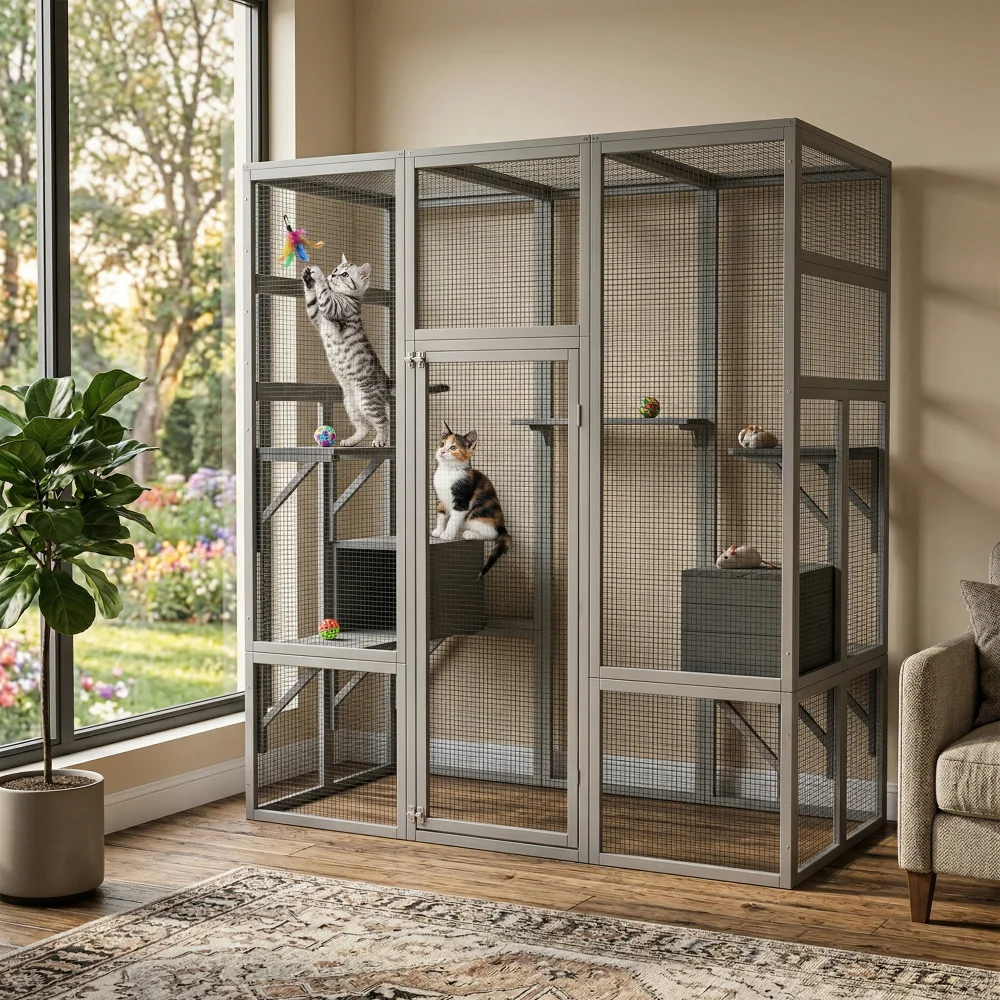 Outdoor Wooden Catio House 62.6' Wood Cage for Cats with 5 Platforms And 2 Rest Boxes Anti-UV Waterproof Pet Shelter
Outdoor Wooden Catio House 62.6' Wood Cage for Cats with 5 Platforms And 2 Rest Boxes Anti-UV Waterproof Pet Shelter