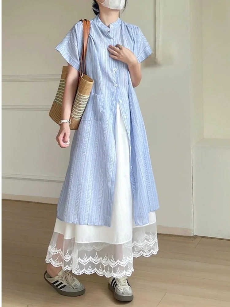 Sweet Striped Short Sleeve Shirt Dress Loose Slimming High Waist A-Line Skirt Two-Piece Set Women Summer Beach Vacation Style
Sweet Striped Short Sleeve Shirt Dress Loose Slimming High Waist A-Line Skirt Two-Piece Set Women Summer Beach Vacation Style