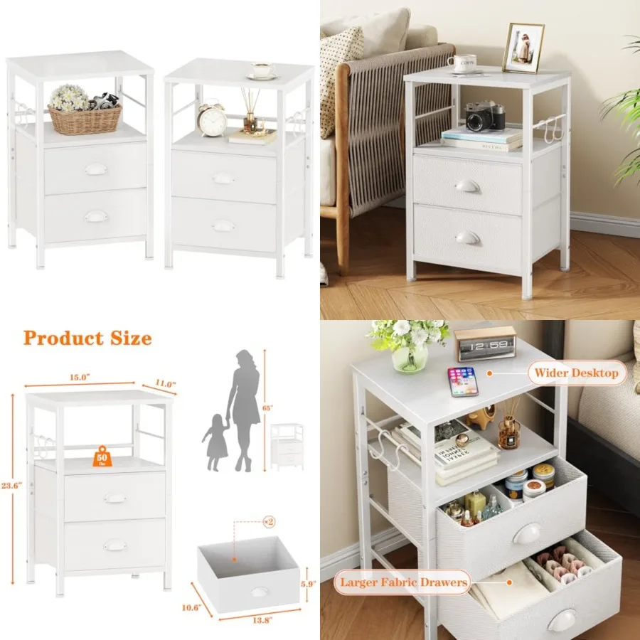 Nightstands Set of 2, End Table with 2 Fabric Drawers, Night Stand with 2 Hooks, Open Wood Shelf Bedside Table for Bedroom/Living Room/White
Nightstands Set of 2, End Table with 2 Fabric Drawers, Night Stand with 2 Hooks, Open Wood Shelf Bedside Table for Bedroom/Living Room/White
