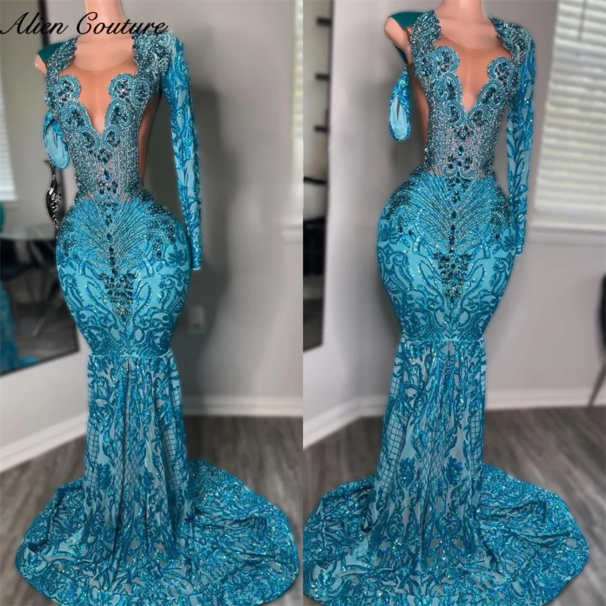 Sparkly Teal Blue Mermaid Prom Dress Black Girls Gems Beads Birthday Party Dress Evening Wedding Party Gowns Customized
Sparkly Teal Blue Mermaid Prom Dress Black Girls Gems Beads Birthday Party Dress Evening Wedding Party Gowns Customized