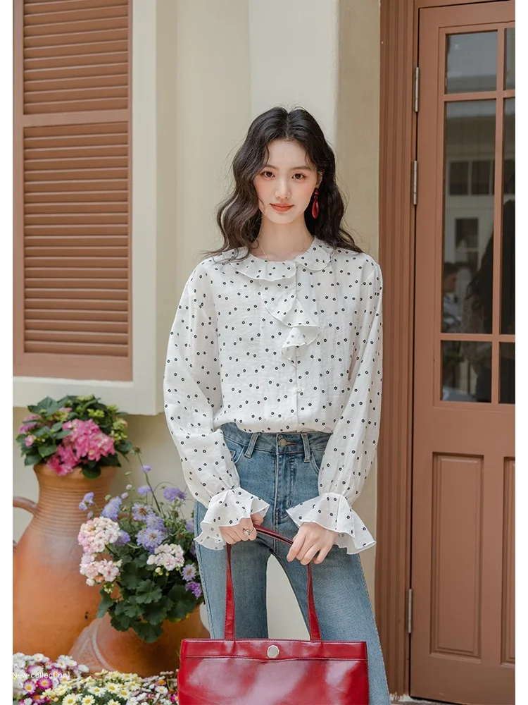 Ele White Polka Dot Ruffle Collar Doll irt Women's Spring Faion Blouse Unique Beautiful Danon Brand Nylon Fabric
Ele White Polka Dot Ruffle Collar Doll irt Women's Spring Faion Blouse Unique Beautiful Danon Brand Nylon Fabric