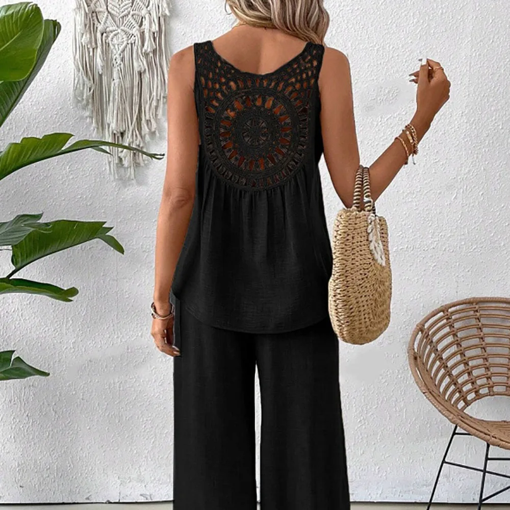 Outfits Solid Color Two Piece Set Hollow Out Wide Legs Pants Sets Backless Flower Edge Trousers suit Women
Outfits Solid Color Two Piece Set Hollow Out Wide Legs Pants Sets Backless Flower Edge Trousers suit Women