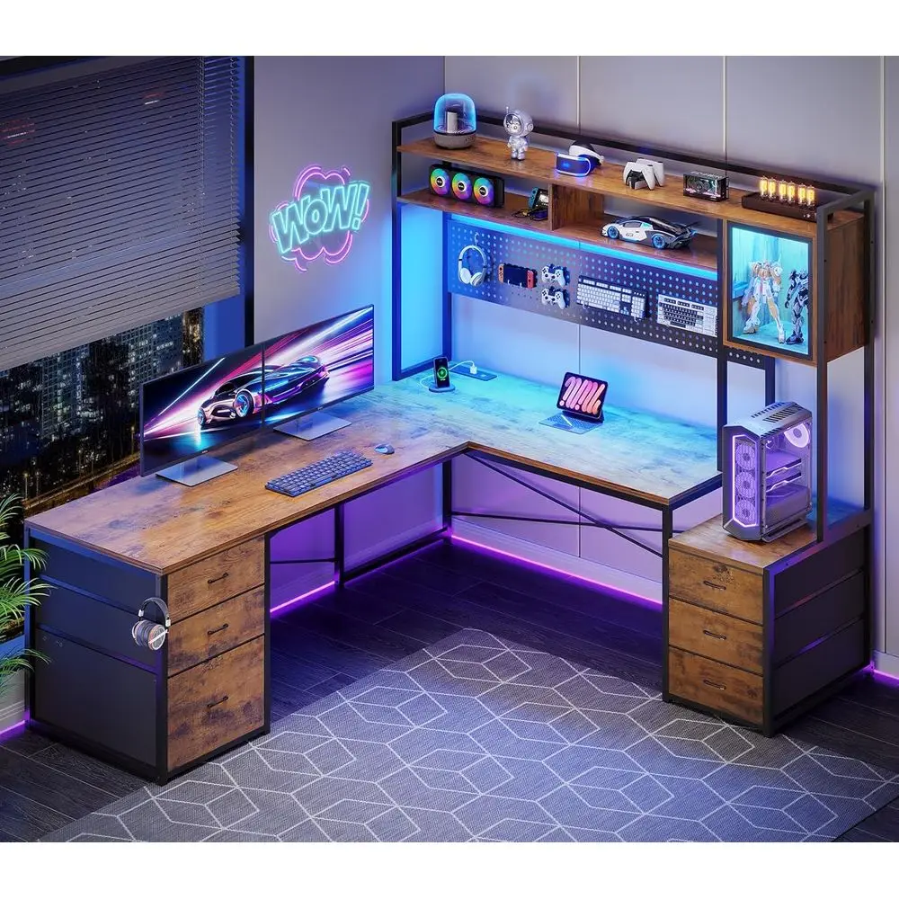 6-Drawer L-Shaped Gaming Desk with Reversible Top, Hutch, LED Lights, and Storage Shelves in Rustic Brown
6-Drawer L-Shaped Gaming Desk with Reversible Top, Hutch, LED Lights, and Storage Shelves in Rustic Brown