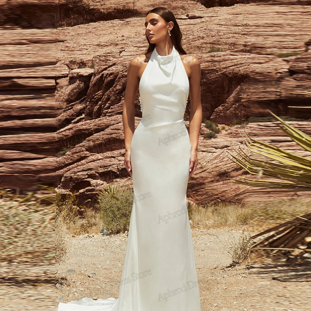 Modern Wedding Dresses Satin Bridal Gowns Halter Neck Sleeveless Backless Robes For Formal Party Vestidos De Novia Customized
Modern Wedding Dresses Satin Bridal Gowns Halter Neck Sleeveless Backless Robes For Formal Party Vestidos De Novia Customized