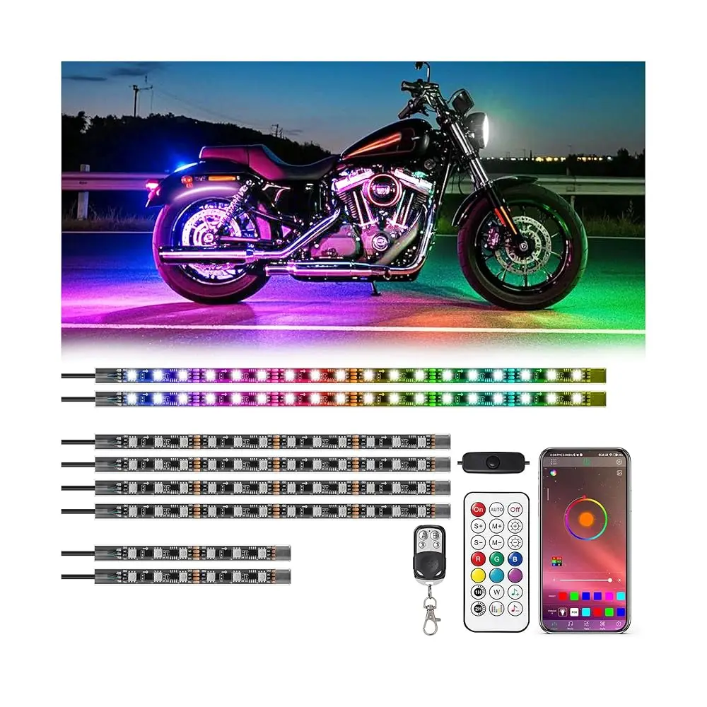 Ailexpress Auto - 8Pcs RGB+IC Motorcycle LED Lights with APP/RF Remote Chasing Color Modes, Motorcycle LED Underglow Kit with Br
Ailexpress Auto - 8Pcs RGB+IC Motorcycle LED Lights with APP/RF Remote Chasing Color Modes, Motorcycle LED Underglow Kit with Br