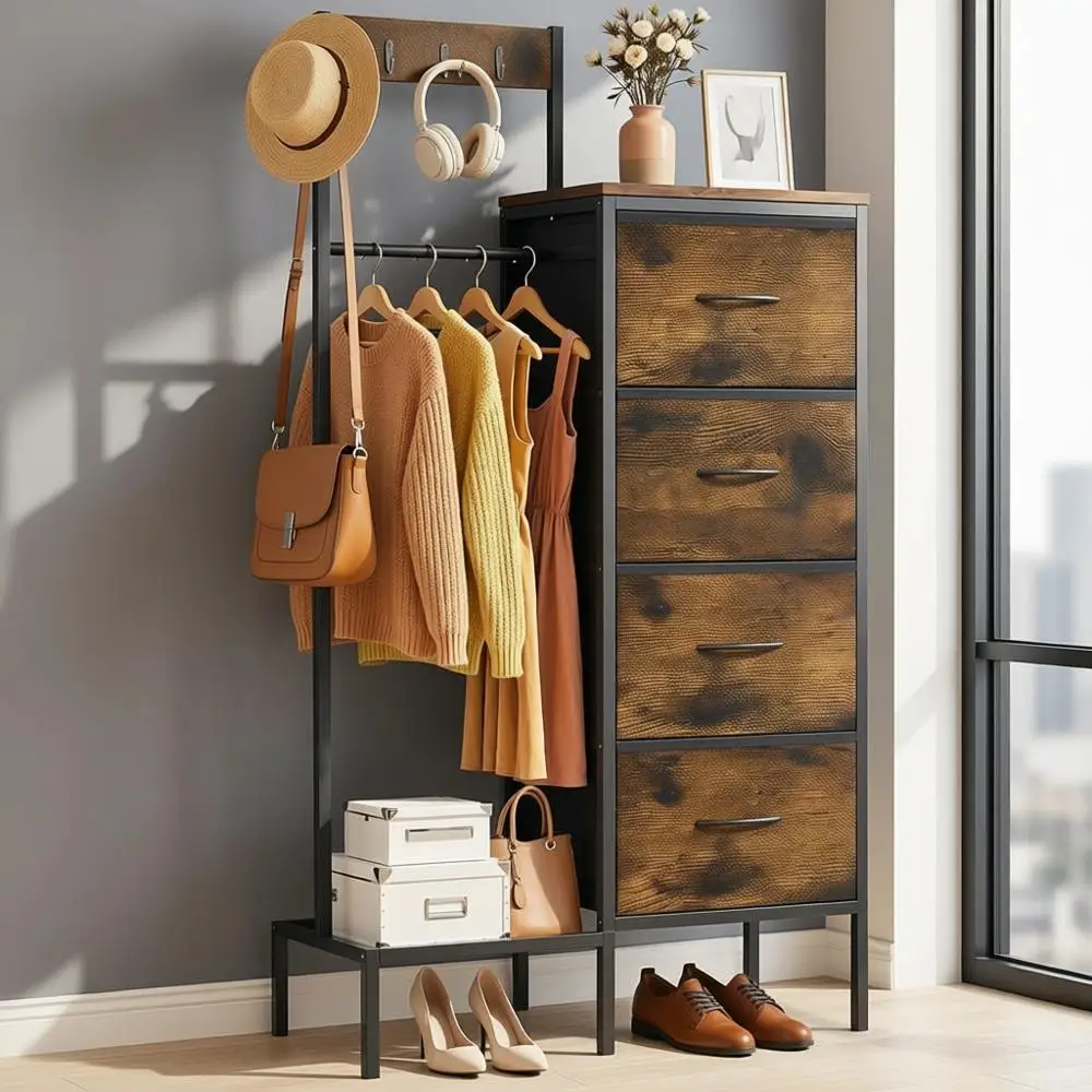 Hanging Rack Storage Cabinet with 4 Drawers, Rustic Entryway Organizer for Clothing, Accessories, and More in Brown Wooden Finis
Hanging Rack Storage Cabinet with 4 Drawers, Rustic Entryway Organizer for Clothing, Accessories, and More in Brown Wooden Finis