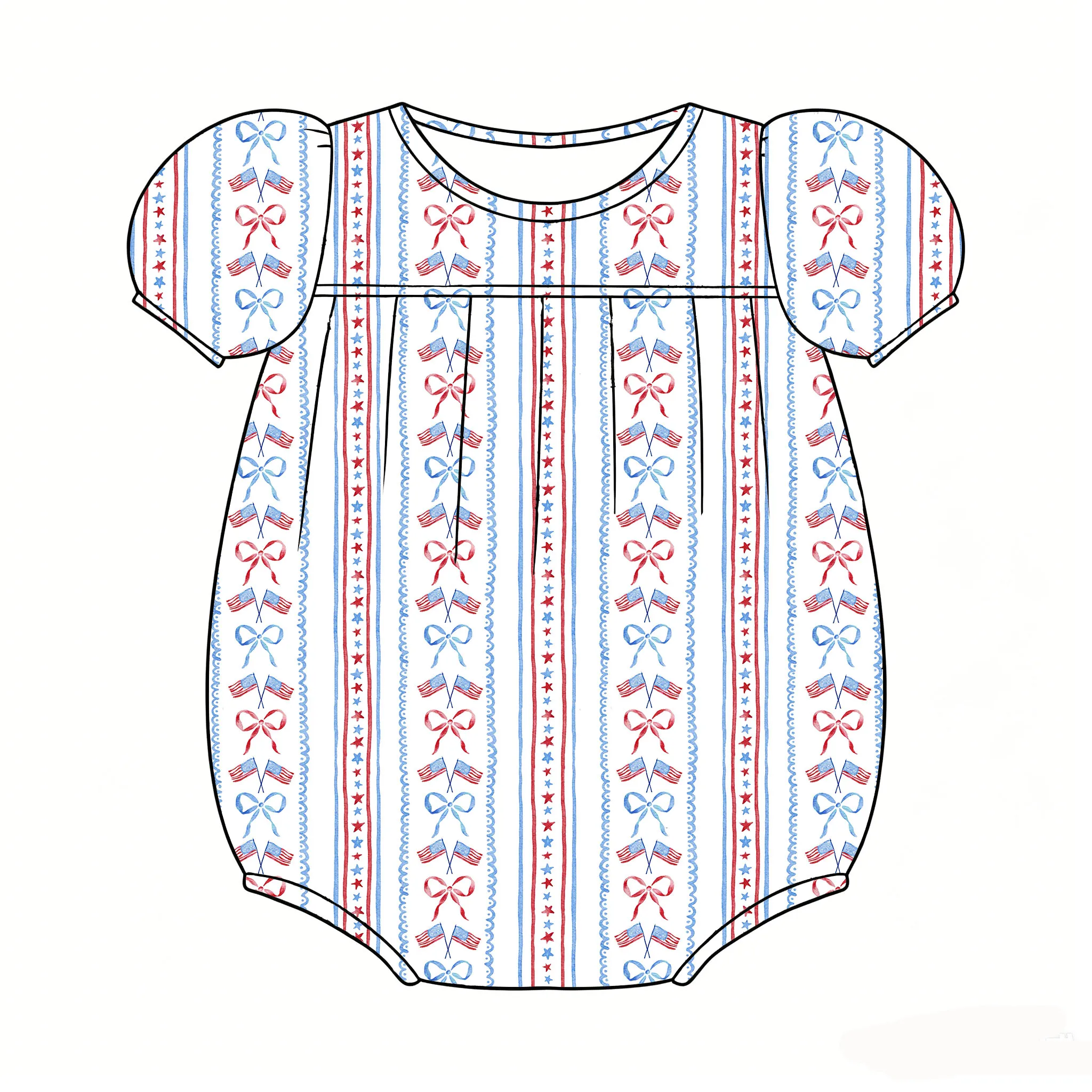 Boutique children's bodysuits Round neck puff sleeves July 4th print custom wholesale
Boutique children's bodysuits Round neck puff sleeves July 4th print custom wholesale