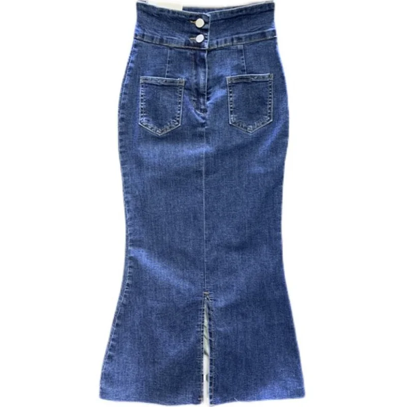 High waist two button front split denim fishtail skirt new elastic slim slim long skirt women
High waist two button front split denim fishtail skirt new elastic slim slim long skirt women